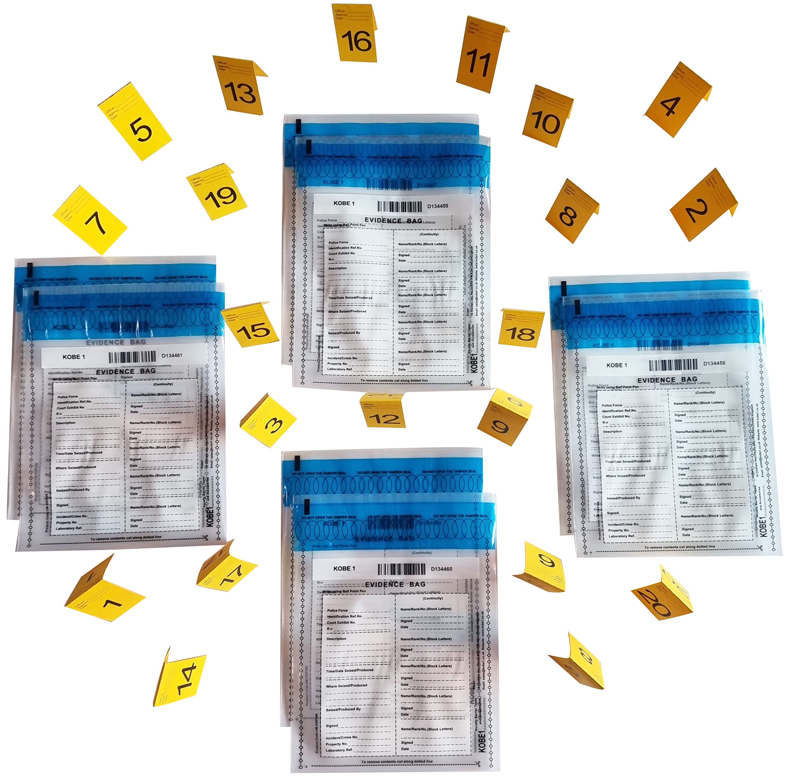 Kobe1 Evidence Collection bags (x8),Photo Evidence Markers,Frames,Cards:1-20,(7cm x 4cm).Crime Scene,CSI,Police props.