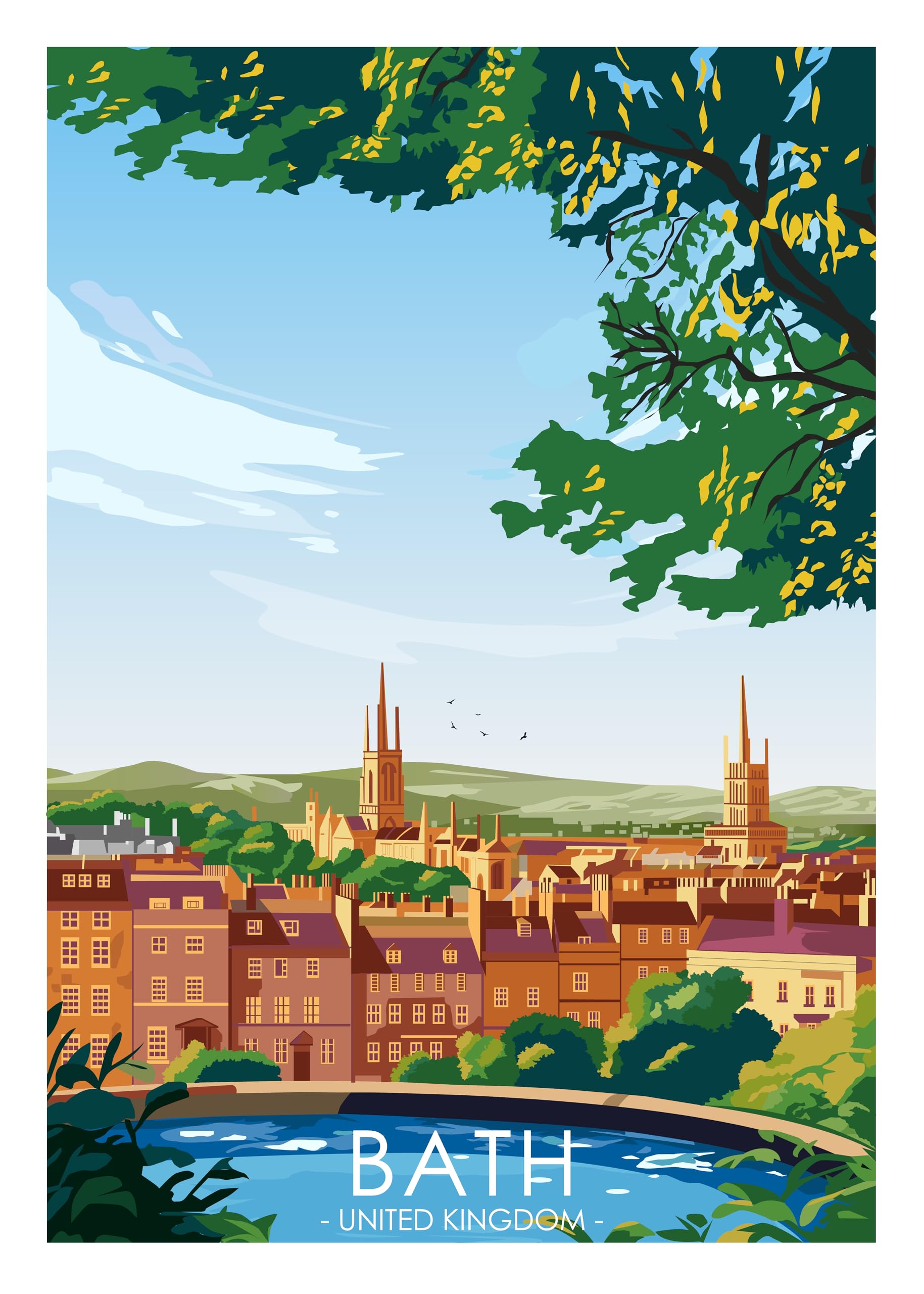 Hewson's Gifts UK Travel Print UK Cities and Shires, Handmade Print Of The Beautiful Places of United Kingdom, UK Artwork Wall Art Poster For New Home Kitchen Print (Bath, A4 Unframed Print)
