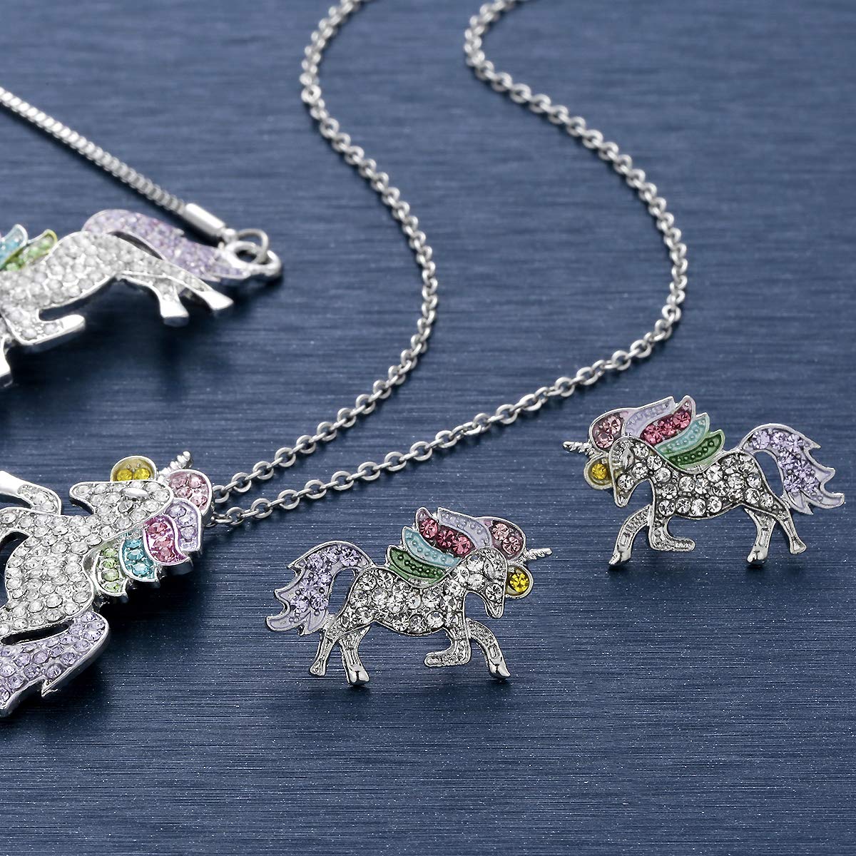 WURUIBO 3 PCS Rainbow Unicorn Jewelry Set for Girls, Fashion Necklace Earring Bracelet Crystal Rhinestone Set(Jewelry Set)