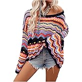 Floerns Women's Colorful Sweater Crochet Open Knit Long Sleeve Drop Shoulder Oversized Sweater