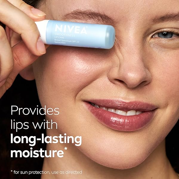 NIVEA SMOOTHNESS LIP CARE, SUNSCREEN LIP BALM WITH SPF 15 BROAD SPECTRUM, SHEA BUTTER, NOURISHING OILS AND VITAMIN C & E, 3-IN-1 MOISTURE, REPAIR AND SUNSCREEN, 0.17 OZ STICK, PACK OF 4