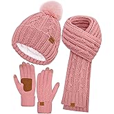 Womens Winter Beanie Hat Scarf Gloves Set, Fleece Lined Knitted Hat with Pompom Long Scarf Touchscreen Mittens for Women Men