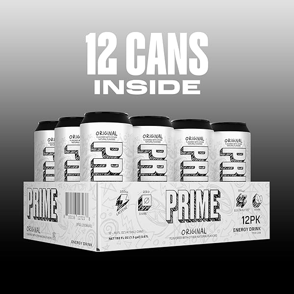 PRIME ENERGY ORIGINAL, SUGAR FREE ENERGY DRINK, 200MG CAFFEINE AND 355MG OF ELECTROLYTES FOR HYDRATION, LOW CALORIE, VEGAN, GLUTEN FREE, 16 FLUID OUNCE, 12 PACK
