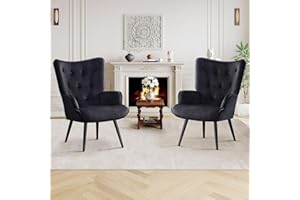 Furniliving Velvet Accent Chair for Living Room, Upholstered Reading Chair with High Backrest, Tufted-Button Wingback Armchair for Bedroom, Dressing Room, Home Office, Black, Set of 2
