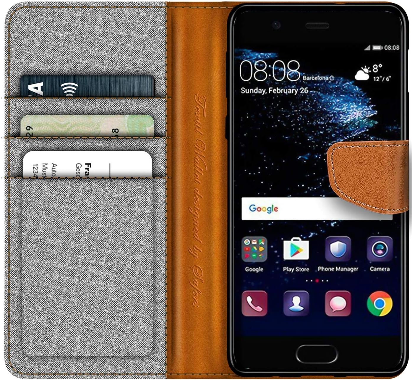 Verco Phone Wallet Case compatible with the Huawei P10, Canvas Faux Leather Book Cover for the Huawei P10 Flip Case Bag Hinged - Grey - Image 3