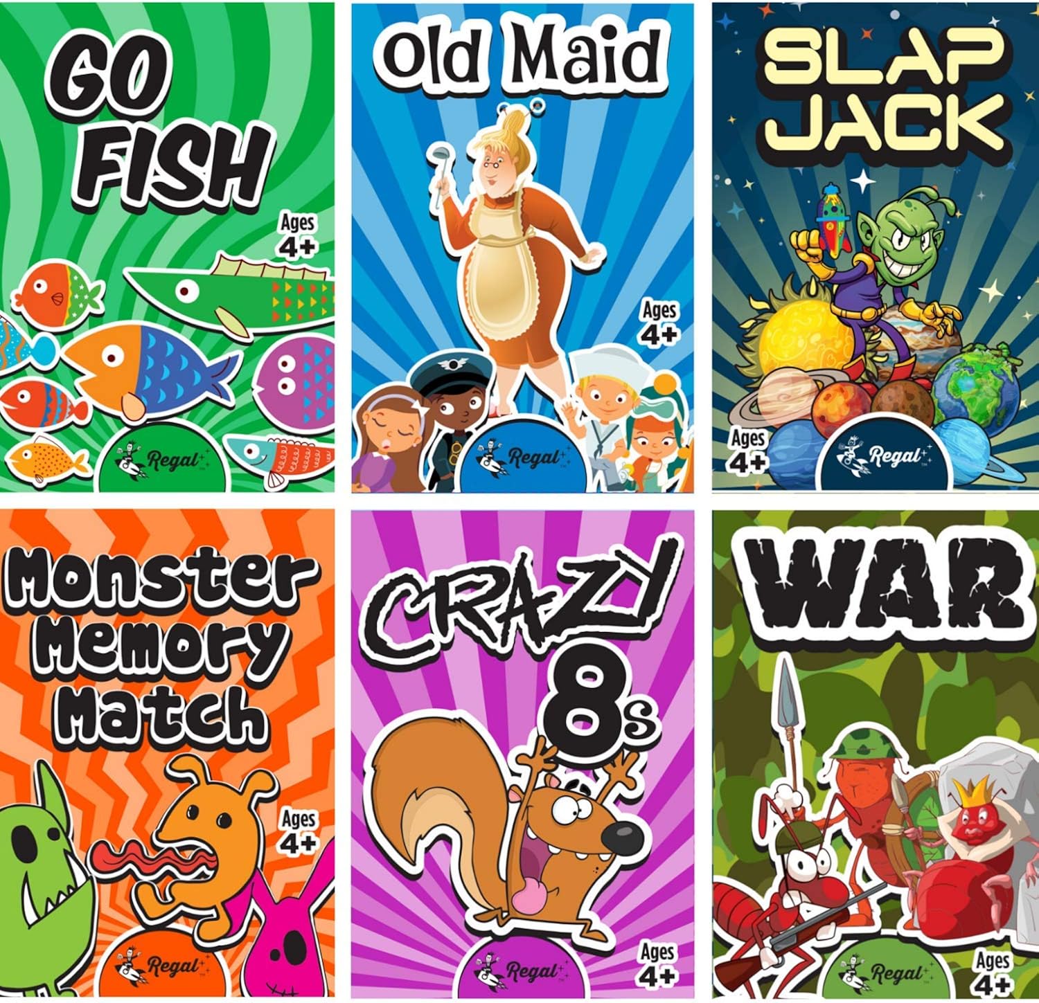 Regal Games Classic Card Games - Games Included May Vary - Includes Old Maid, Go Fish, Slapjack, Crazy 8's, War, and (Silly Monster Memory Match or Banapples Jr) (All 6 Games): Clothing