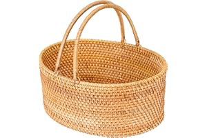 Peslran 14"×10.2"×6" Rattan Picnic Basket with Handles, Large Oval Gift Basket, Hand-Woven Basket for Fruit, Empty Gift Basket for Festival, Wedding, Camping