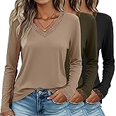 Oakgarden 3 Pack Long Sleeve Shirts for Women V Neck Lace Trim Loose Dressy Business Casual Top Blouse Fall Trendy Basic Tee