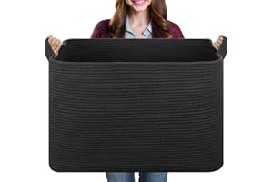 OIASKET 108L Extra Large Blanket Basket, 24.8" x 16.2" x 16.2" Rectangle Woven Storage Baskets for Living Room, Nursery, Bedroom, Toy Basket with Handle (Black)