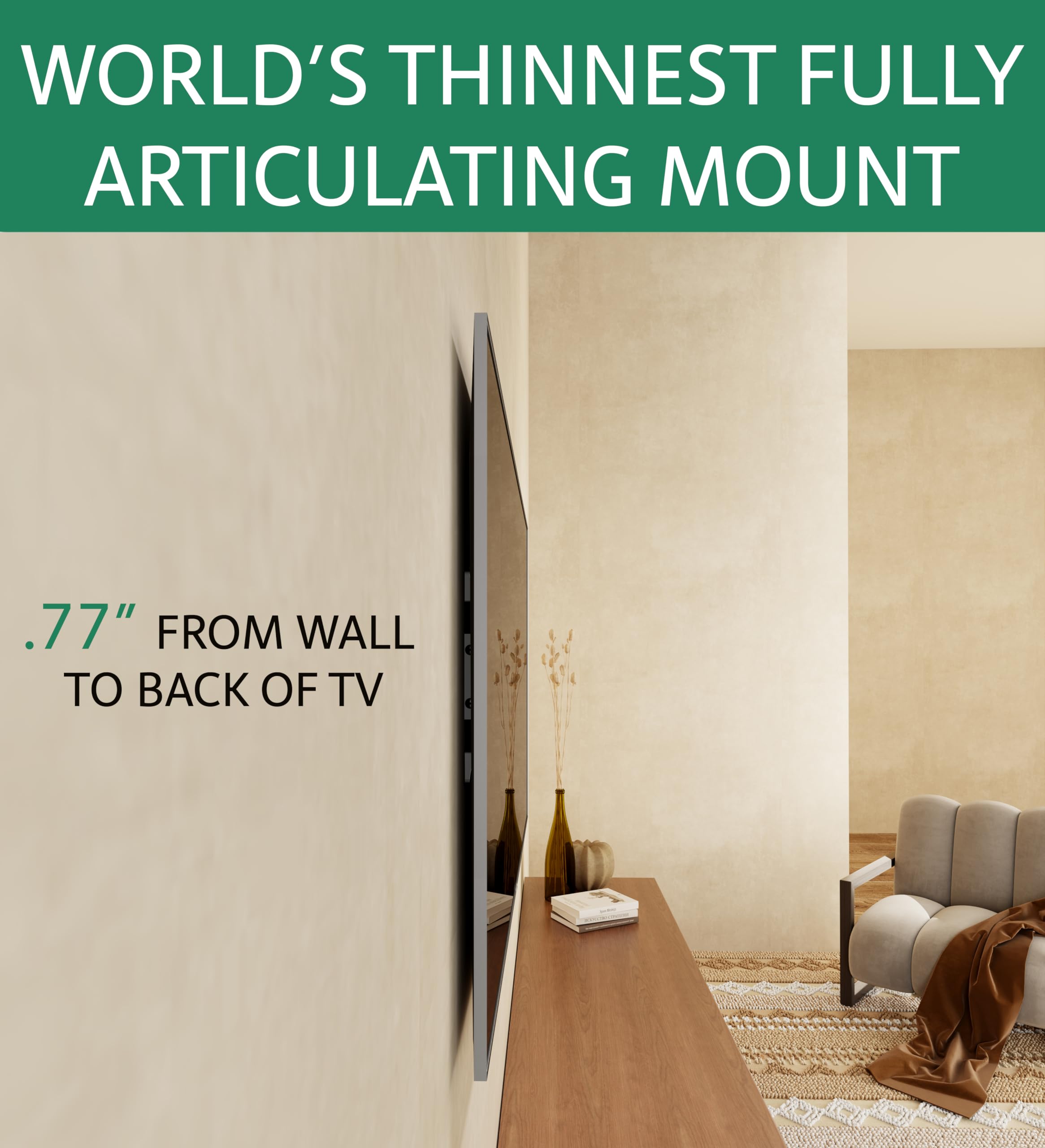 ynVISION.DESIGN Ultra Slim & Thin Full Motion Articulating TV Wall Mount Bracket | World's Thinnest Fully Articulating Bracket Compatible with Samsung Frame LG and Sony | Swivels and Tilts (Pack of 1)
