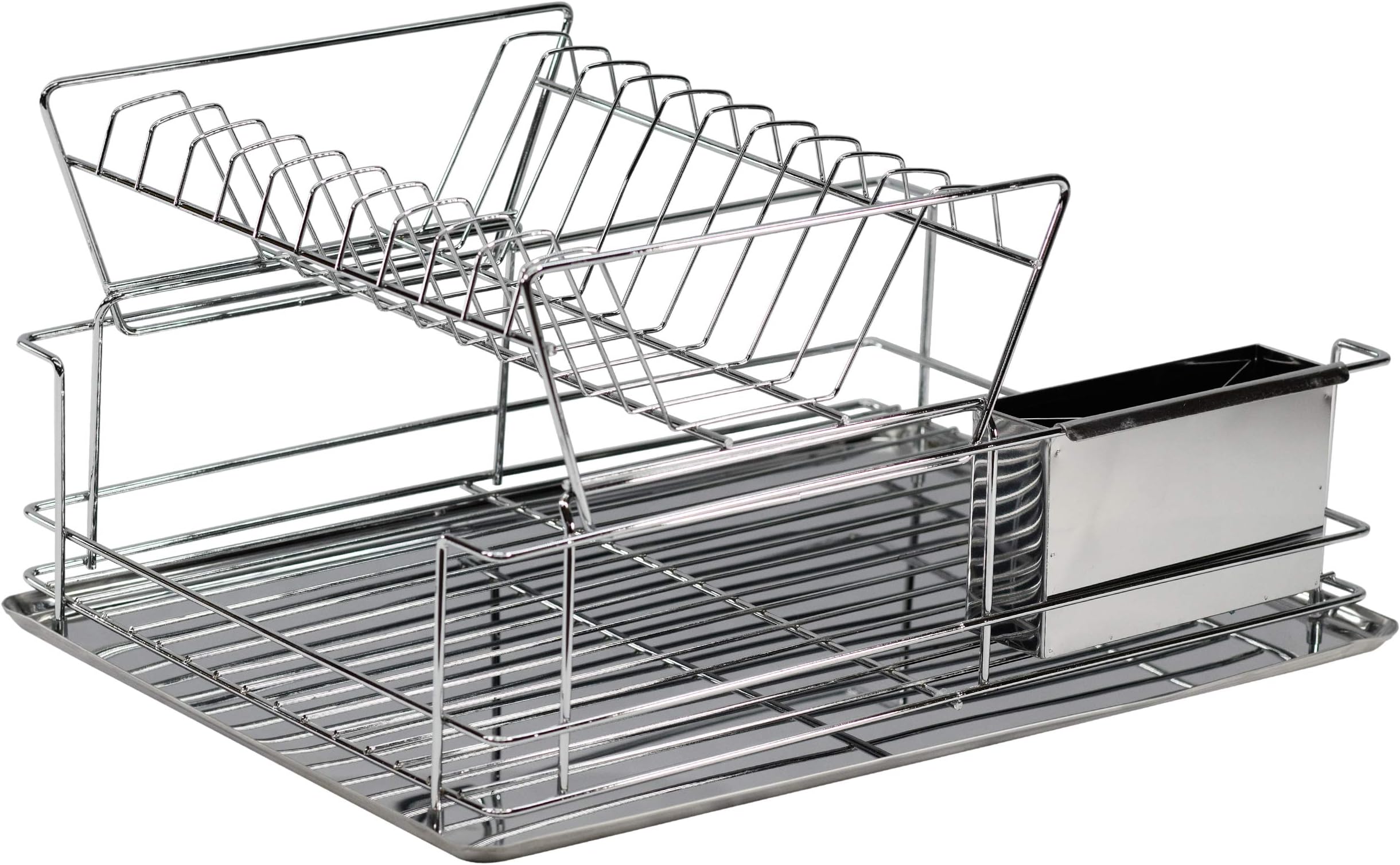 Over Sink Durable Modern Design 2 Tier Stainless Steel Kitchen Dish Drainer Rustproof Heavy Duty On Counter Glasses, Bowls, Dishes Drying Rack with Compartment for Silverware and Plastic Drip Tray