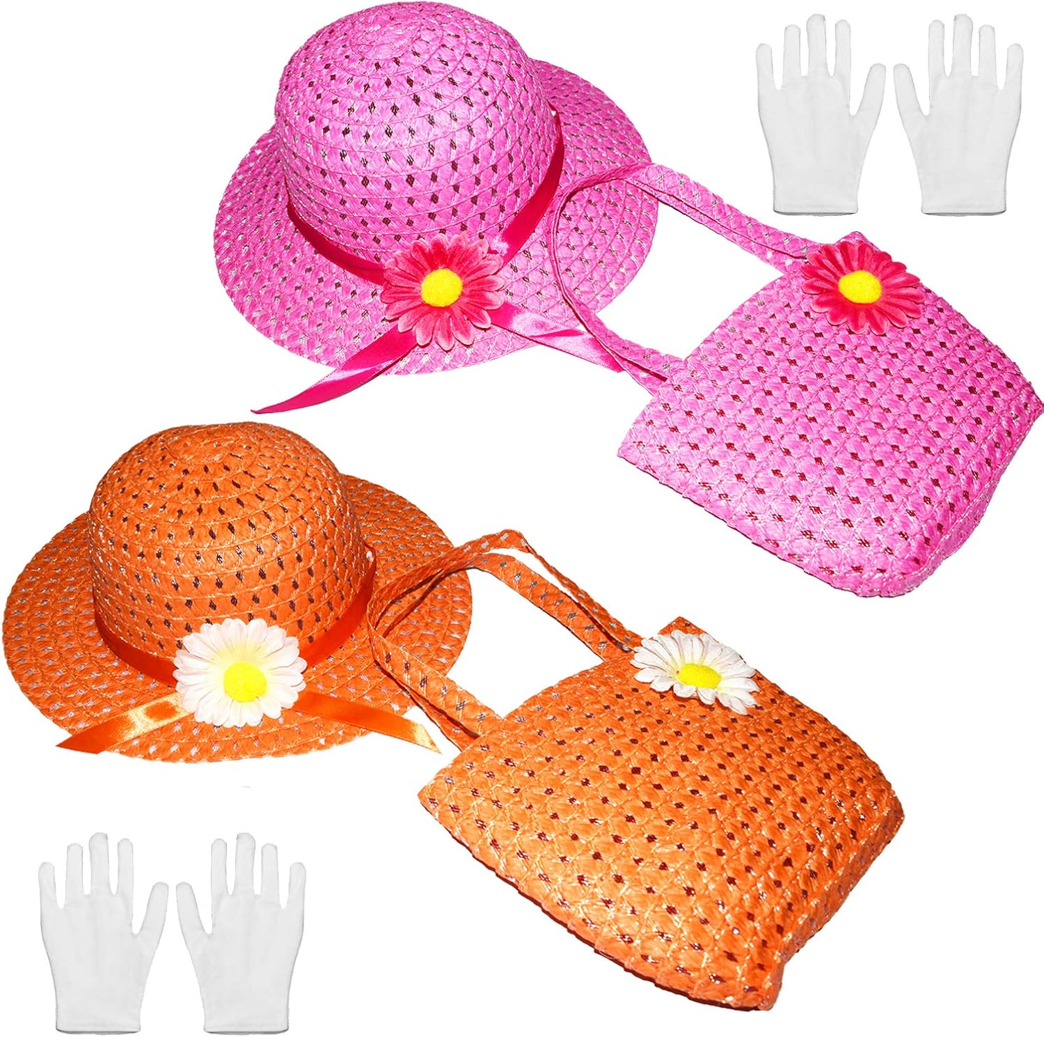 Vegove 6 Girls Tea Party Straw Hats Princess Country Girl Dress Up with Purse and Glove: Clothing