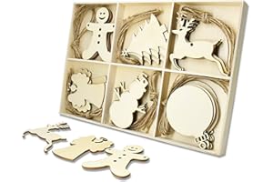 YUQI 30PCS Christmas Tree Wooden Hanging Ornaments Kits, Unfinished Blanks Wood Cutouts Embellishments w/Storage Tray for Xmas Gifts Tags Decor, Kids DIY Crafts