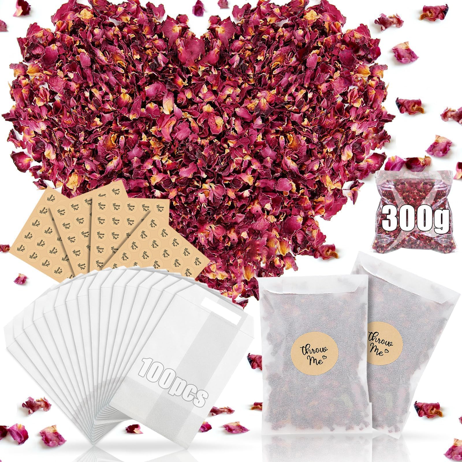 Mbsomnus 100 Sets Wedding Confetti Bags Kit, 300G Natural Dried Petal Confetti Biodegradable Glassine Confetti Bags Wedding Confetti Stickers Flower Petals for Wedding Table Decor Anniversary Party