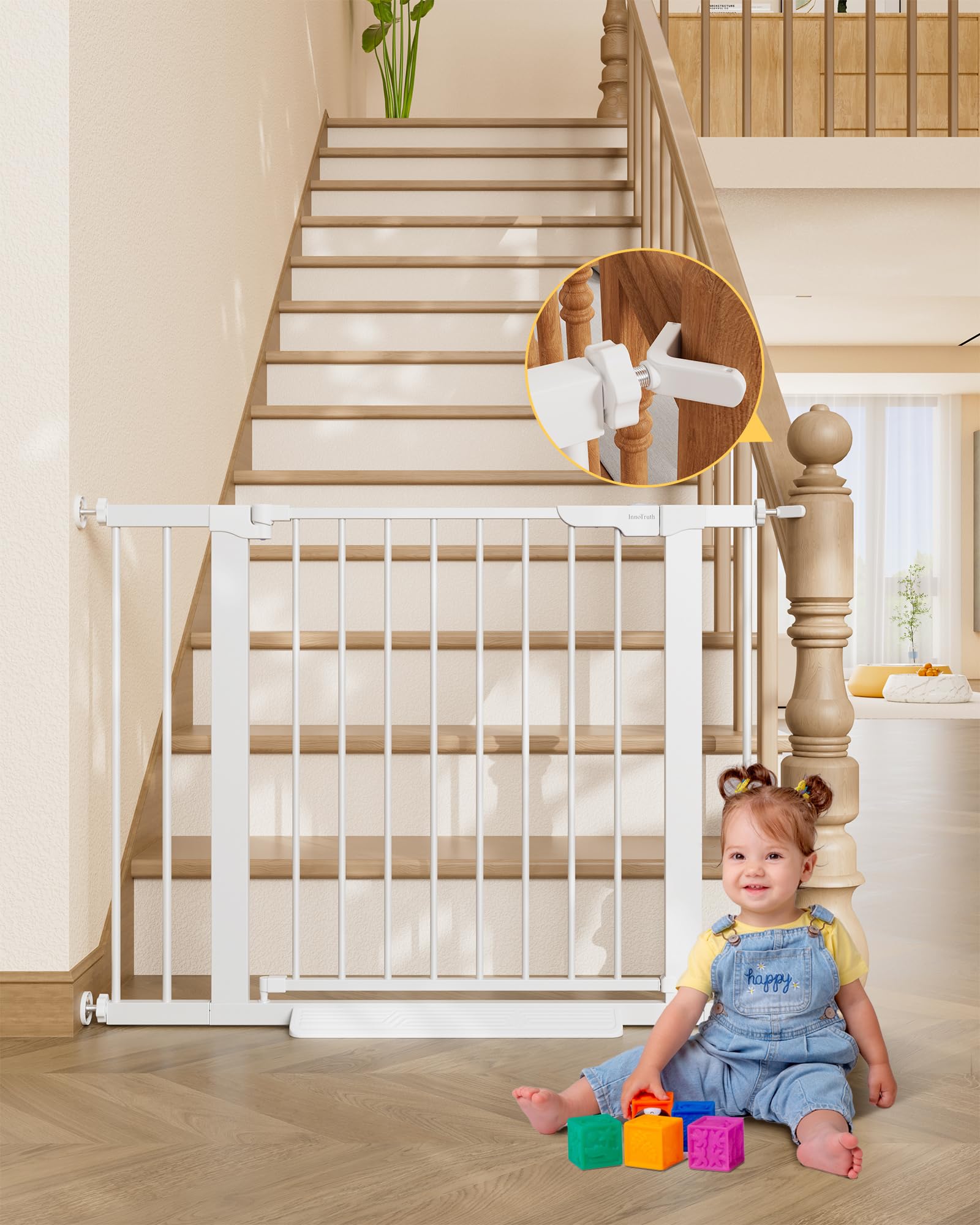 InnoTruth 29.6-39.1 in Wide Baby Gate for Stairs and Doorways, White | Indoor Metal Dog Gate for Pets, Auto Close 2 Way Swing