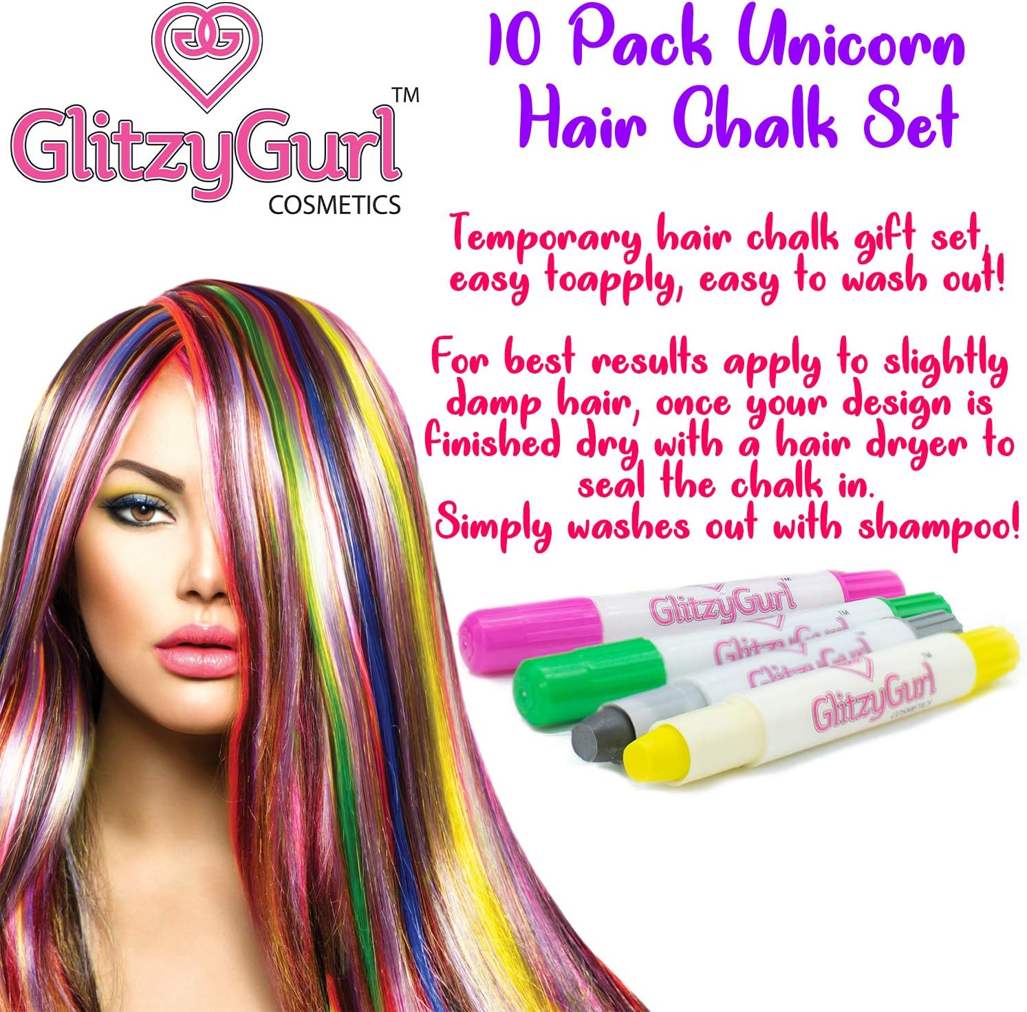 Premium Neon Hair Chalk Set by GlitzyGurl, 10 x Kind Temporary Non-Toxic Easy Washable Hair Dye Colourful Hair Chalks Set for Girls - Image 3