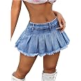 BEAUDRM Women's Y2K Low Waist Pleated Denim Skirt Zipper Raw Hem Mini Skirt Casual Ruffle Jean Skirt