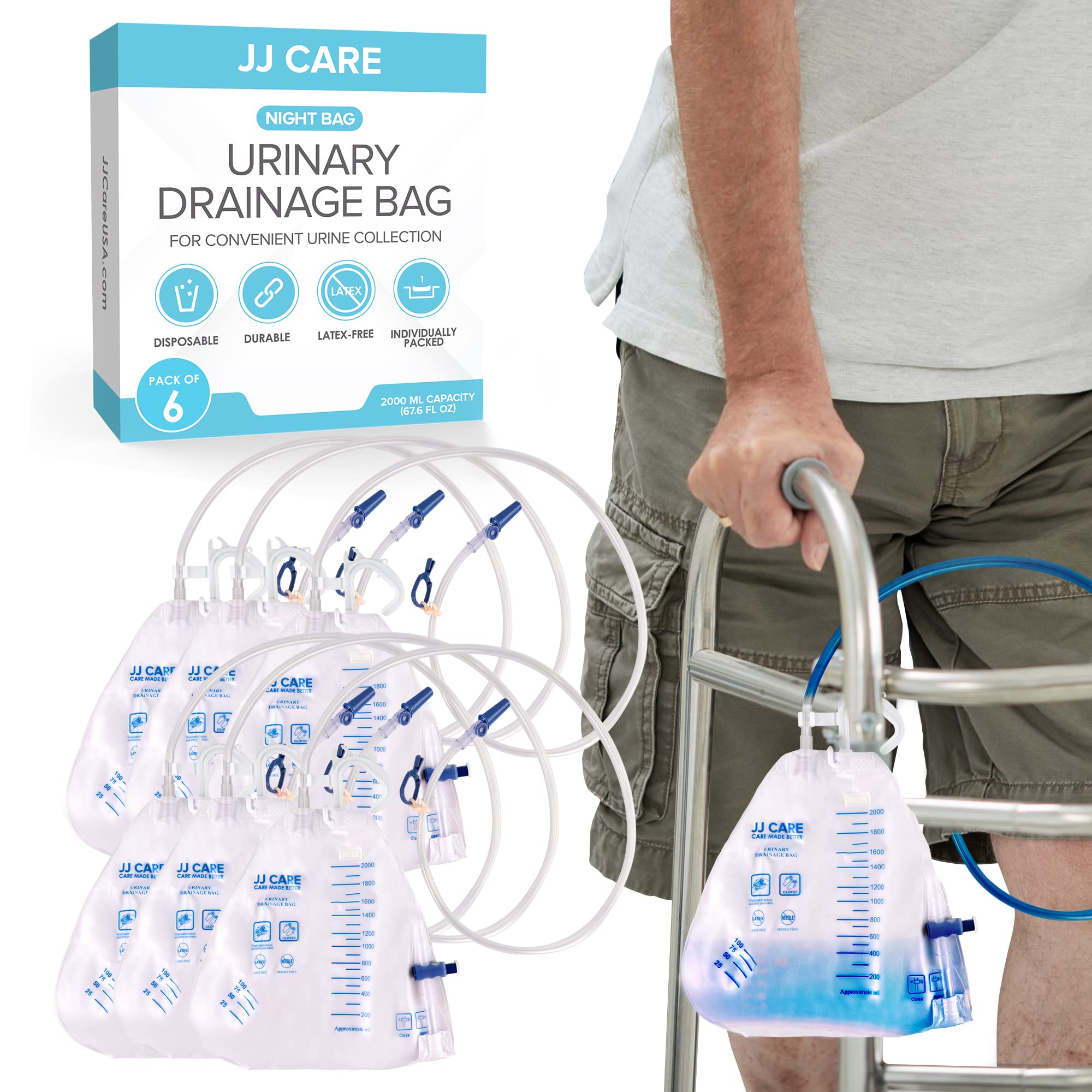 Photo 1 of JJ CARE Catheter Bags - Pack of 6 Urinary Drainage, 2000 ml With 42" Tube, Disposable Anti-Reflux Chamber, Leak Proof Vinyl With Double Hook Hanger for Men & Women