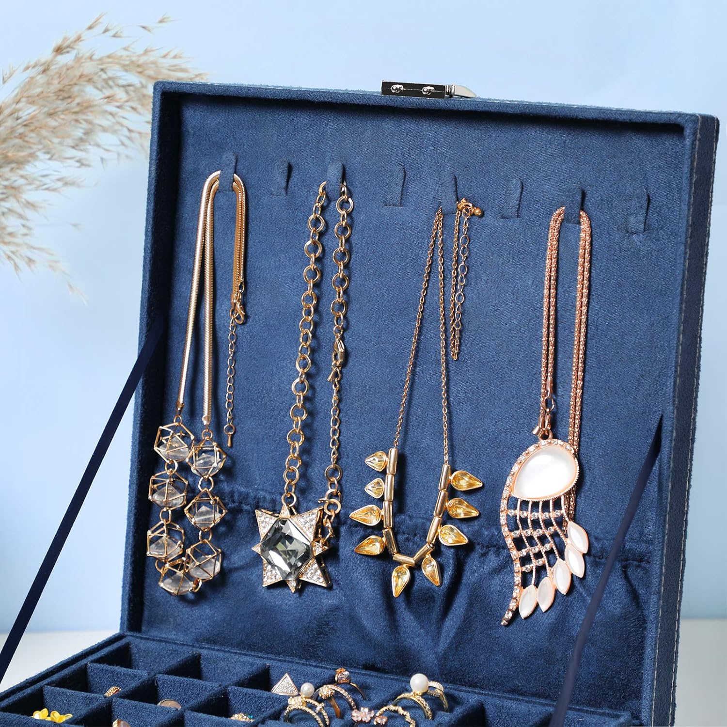 SONGMICS Large Jewelry Box with a Removable Tray and Compartments for Earrings, Necklaces, Bracelets, Dark Blue: Furniture & Decor