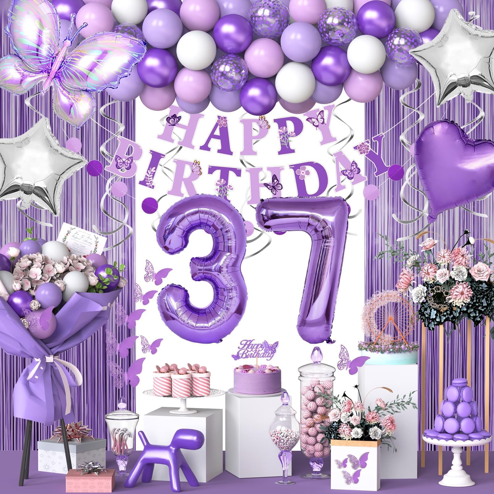 Photo 1 of 37th Purple Birthday Decorations for Women, Purple Pink 37th Birthday Decorations Butterfly Theme Lavender Party Decor Set with Number Balloons, Banner, Sash, Butterfly Stickers