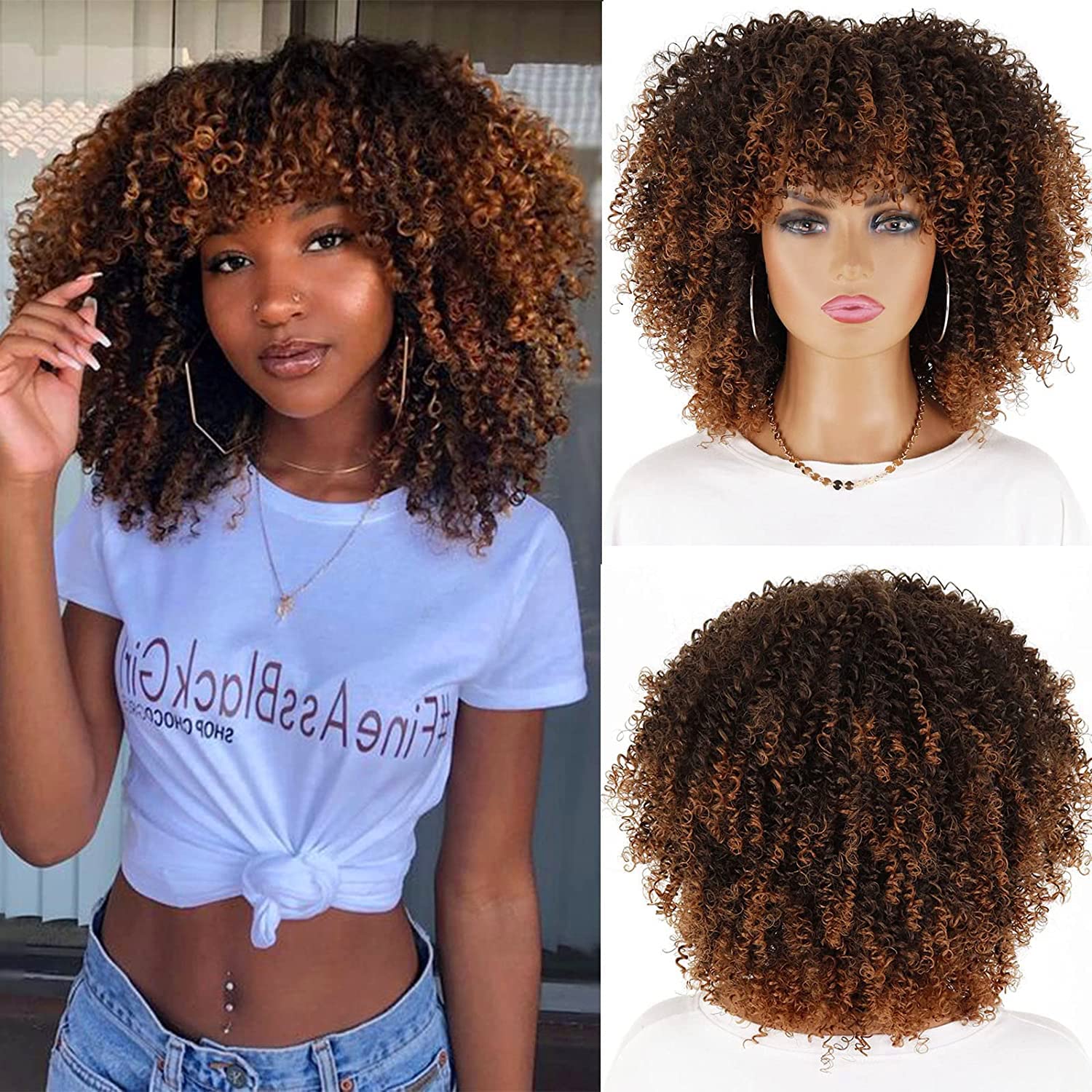 Photo 1 of LINGHANG Short Curly Afro Wigs with Bangs for Black Women, Brown Afro Kinky Curly Wigs for Black Women Synthetic Heat Resistant Fluffy Brown Wigs (Ombre Brown)