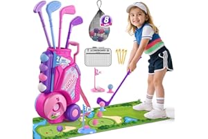 HYES Toddler Golf Set 2-4 Years, Kids Golf Club with 8 Balls, 4 Plastic Clubs, Putting Mat, Scoreboard, Storage Bag, Indoor Outdoor Game with Golf Cart Sport Toy Gift for Baby Boys Girls Age 3-5, Pink