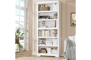 75" Tall Farmhouse Bookshelf, 6 Tiers Open Bookcase with Adjustable Shelves, Anti-Tip Floor Standing Storage Organizer for Li
