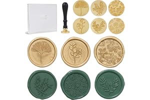 UNIQOOO 6 Pcs Wax Seal Stamp Set, Floral Stamps Botanical Sealing Stamper Kit, Wooden Handle with Brass Head for Wedding Gree