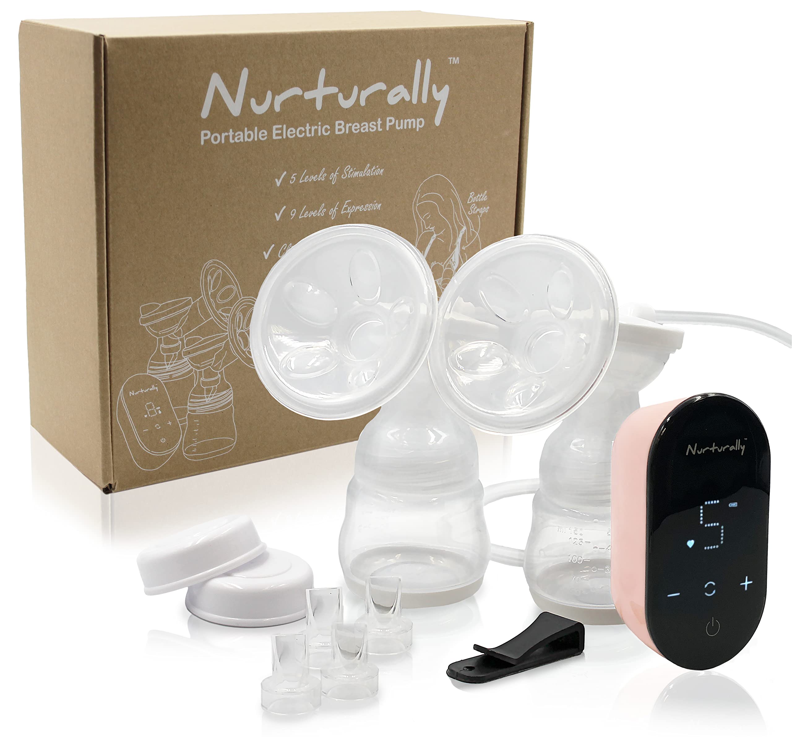 Portable Electric Breast Pump - Nurturally - Travel Dual Breastfeeding Pump Set for Expression and Stimulation, Quiet and Hands-Free, Pack Also Includes Bottles, Flanges, Duckbill Valves and More