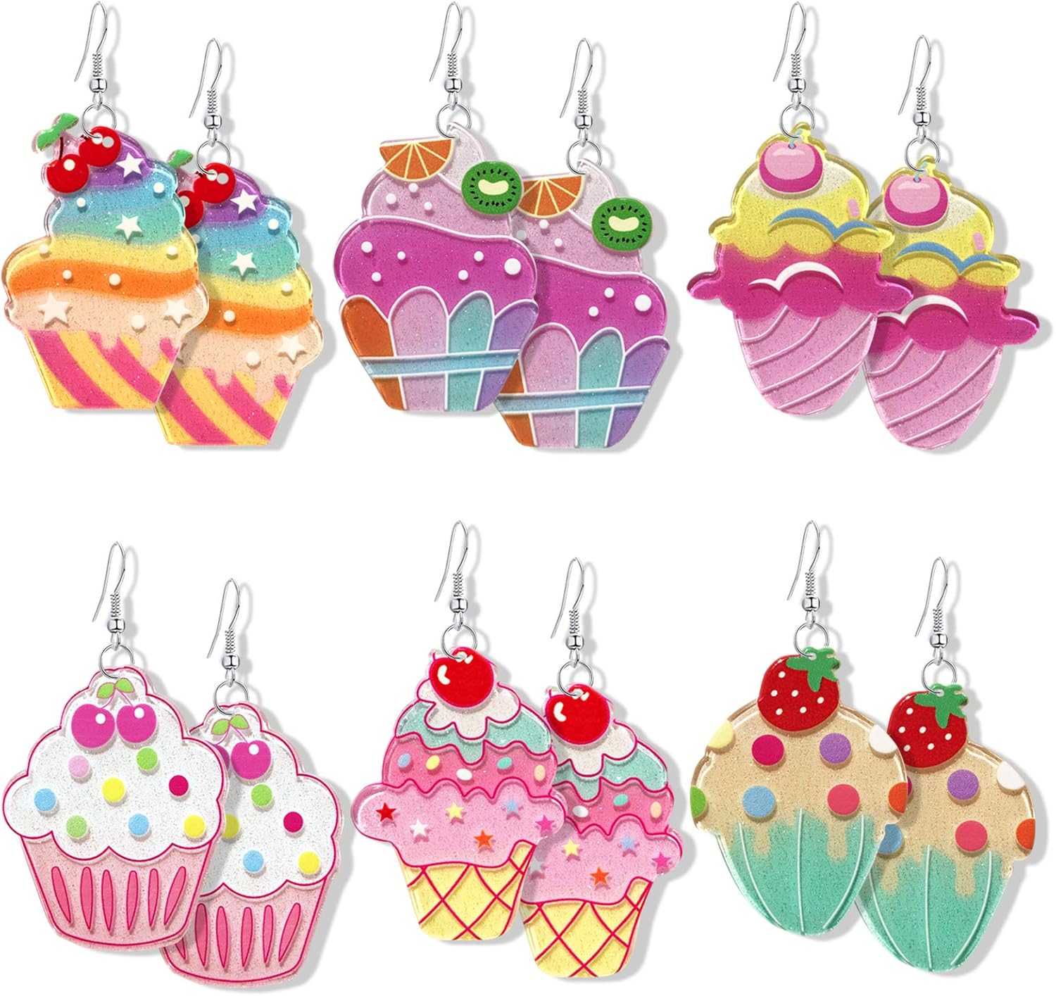 DAMLENG 6 Pairs Creative Handmade Simulation Food Colorful Rainbow Ice Cream Dangle Drop Earrings Unique Kawaii Candy Fruits Earrings Set for Women Girls Jewelry