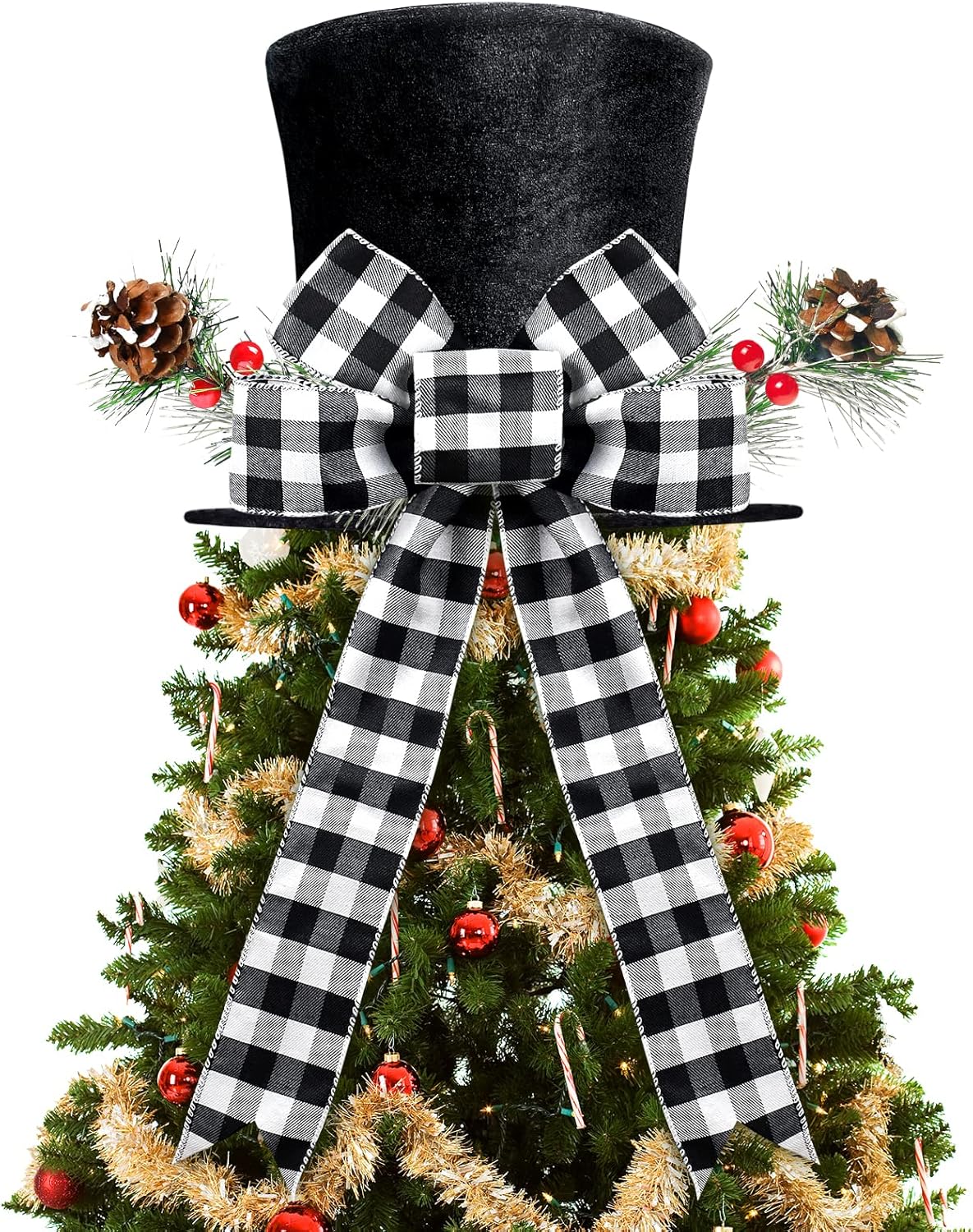 Tree Toppers - Yoochee Christmas Tree Topper Hat, Black Velvet Xmas Tree Toppers with Classical Buffalo Plaid Big Bow tie and Lengthened Ribbon, Tree Topper for Christmas Holiday Party Home Decorations, Xmas Decor