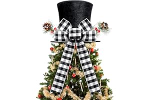 Yoochee Christmas Tree Topper Hat, Black Velvet Xmas Tree Toppers with Classical Buffalo Plaid Big Bow tie and Lengthened Ribbon, Tree Topper for Christmas Holiday Party Home Decorations, Xmas Decor