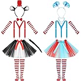 SOMSOC 2 Sets Girls Tulle Tutus Striped Stockings Costume Set with Top Hat Headbands Tutu Skirts Suspenders Party Cosplay Set