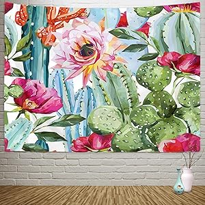 Sylfairy Cactus Tapestry Wall Hanging Floral Tapestries Watercolor Landscape Plant Printed Tapestry Psychedelic Tapestry Bohemian Hippie Tapestry Indian Wall Art for Room(82" X 59",Cactus-B)