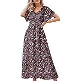Dokotoo Womens Dresses 2025 Square Neck Tie Backless Summer Dresses Cap Sleeve Floral Buttoned Empire Waist Maxi Dress