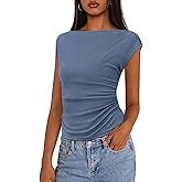 PRETTYGARDEN Women's Ruched Crop Tank Tops 2025 Summer Trendy Cap Sleeve Ribbed Knit Basic Fitted Going Out Tee Shirts