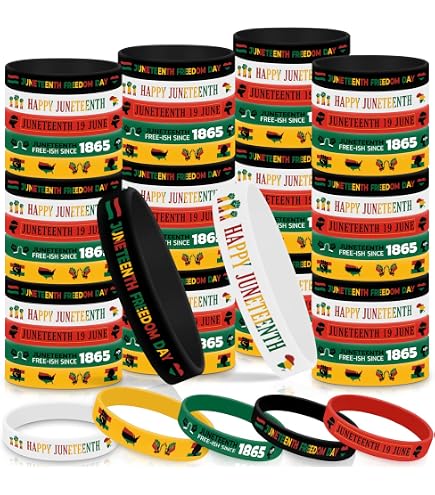Liliful 100-Pc Juneteenth Party Pack – 50 Silicone Bracelets & 50 Small Handheld Flags