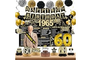 POPULARLDO 60th Birthday Decorations for Men, Black Gold Back In 1965 Birthday Banner Decorations, Vintage 60th Birthday Table Decorations, Cake Topper, Balloons, Backdrop, Sash Party Supplies for Men