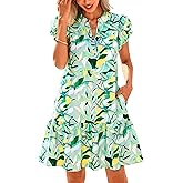 dowerme Womens Summer Dresses 2026 Puffy Sleeve V Neck Loose Floral Print A Line Boho Mini Babydoll Dress with Pockets