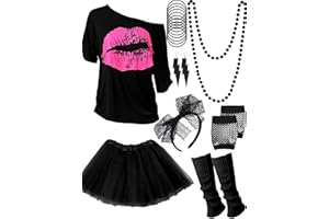 Blulu Halloween 80s Costume Accessories Set T-Shirt Tutu Headband Earring Necklace Leg Warmer