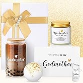Yiyiring 6 Pcs Godmother Proposal Gift Will You Be My Godmother Gift Set with Glass Scented Candle Bath Bomb Keychain Card Box Set for God Mother Auntie from Godchild Baptism Easter