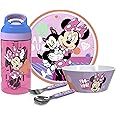 Zak Designs 5-Piece Dinnerware Set, Disney Minnie Mouse - Durable Plastic & Stainless Steel - Includes Water Bottle, 8-Inch Plate, 6-Inch Bowl, Fork & Spoon - Suitable for Kids Ages 3+