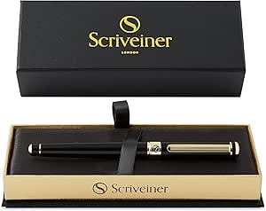 Scriveiner Black Lacquer Rollerball Pen - Stunning Luxury Pen with 24K Gold Finish, Schmidt Ink Refill, Best Roller Ball Pen Gift Set for Men &amp; Women, Professional, Executive Office, Nice Pens