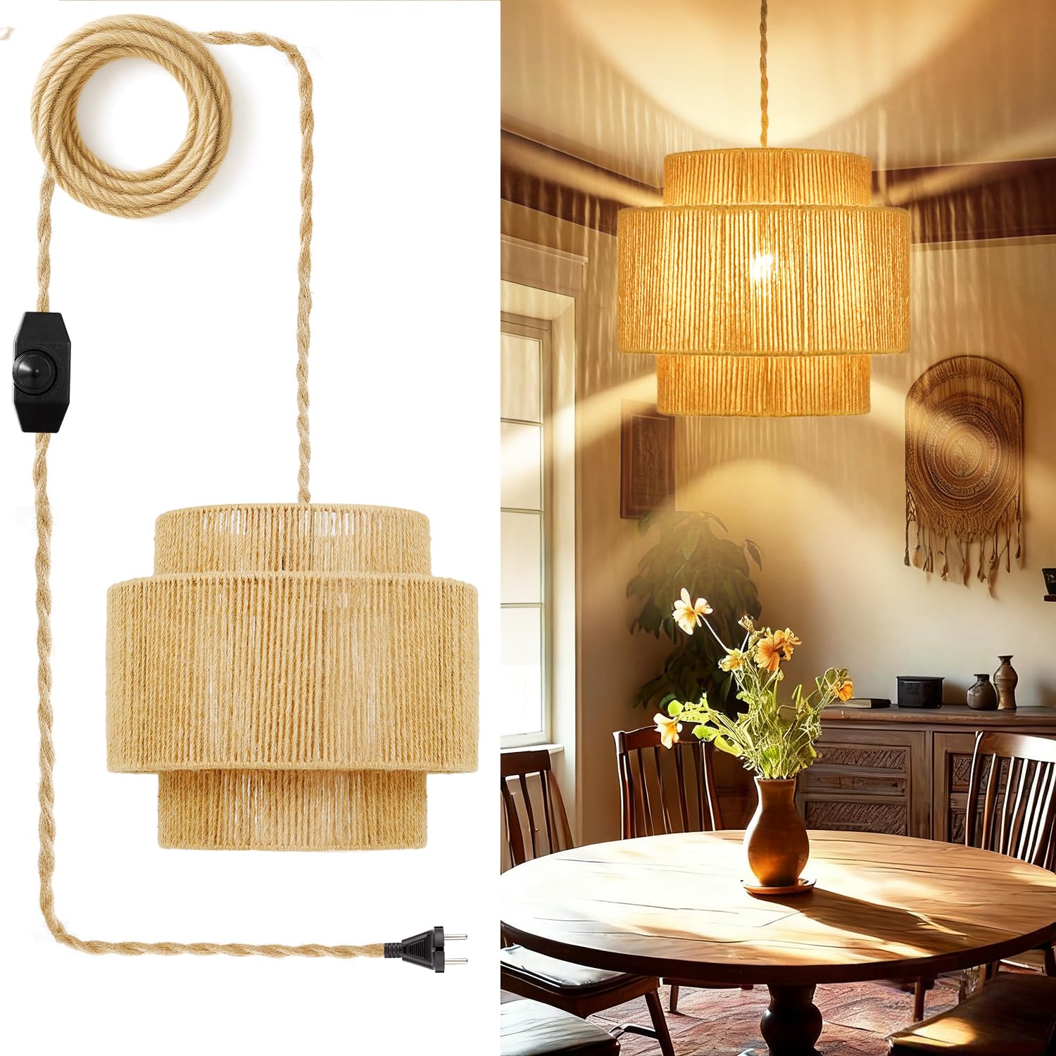 Photo 1 of Vinaco Boho Hanging Light Plug in with Rotary Switch, Hand-Woven Dimmable Switch Swag Lamp, 3-Tier Wicker Swag Lights with Plug in Cord 15.4ft, Rattan Wicker Pendant Lights Living Room Corridor Foyer