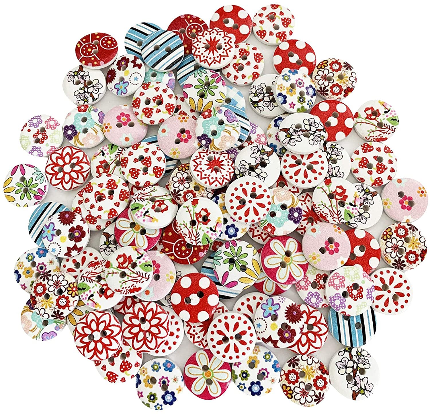 100Pcs Painted Colors Round DIY Wooden Buttons for Sewing and Crafting 15mm Button (Color 2)