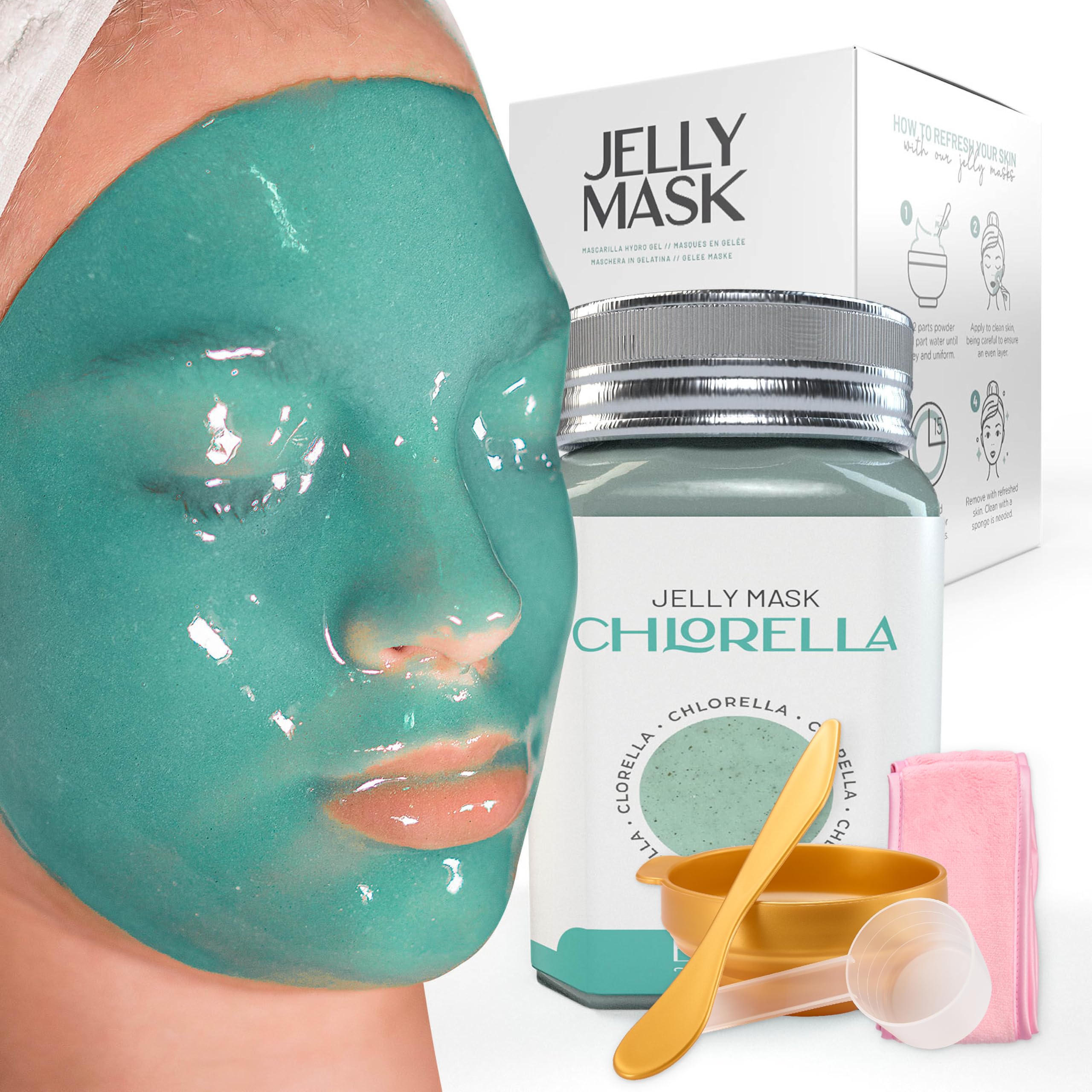 BRÜUN Jelly Mask Jar Chlorella Peel-Off Face Care Rubber Mask - A 23 fl oz Skin Care Gel Mask Jar Spa Set for Men, Women and Adults