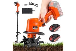 NEWTRY Cordless Electric Tiller Handheld & Extended Rod Dual Modes, 4'' Tilling Depth & Width, with 2x1500mAh Batteries for Small Scale Garden, Raised Beds