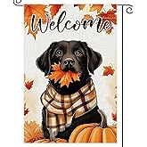 Welcome Fall Garden Flag Black Labrador Dog Small Flags for Outside, 12x18 Inch Maple Leaves Pumpkin Double Sided Burlap Autumn Thanksgiving Harvest Party Farmhouse Outdoor Yard Lawn Decoration