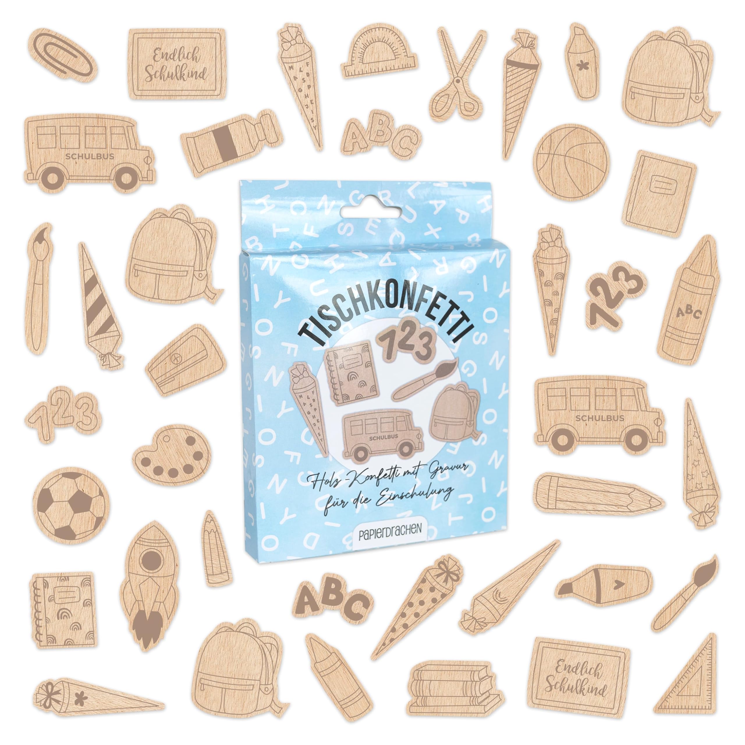 Papierdrachen 40 Wooden Confetti for Table Decoration for School Celebration – Great Decoration for the First Day of School – Wood with Engraving – Set 3