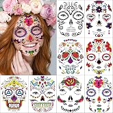 Halloween Temporary Face Tattoos Makeup Kit, Day of the Dead Sugar Skull Floral Black Skeleton Web Red Roses Full Face Mask Stickers Tattoo Families Party Supplies